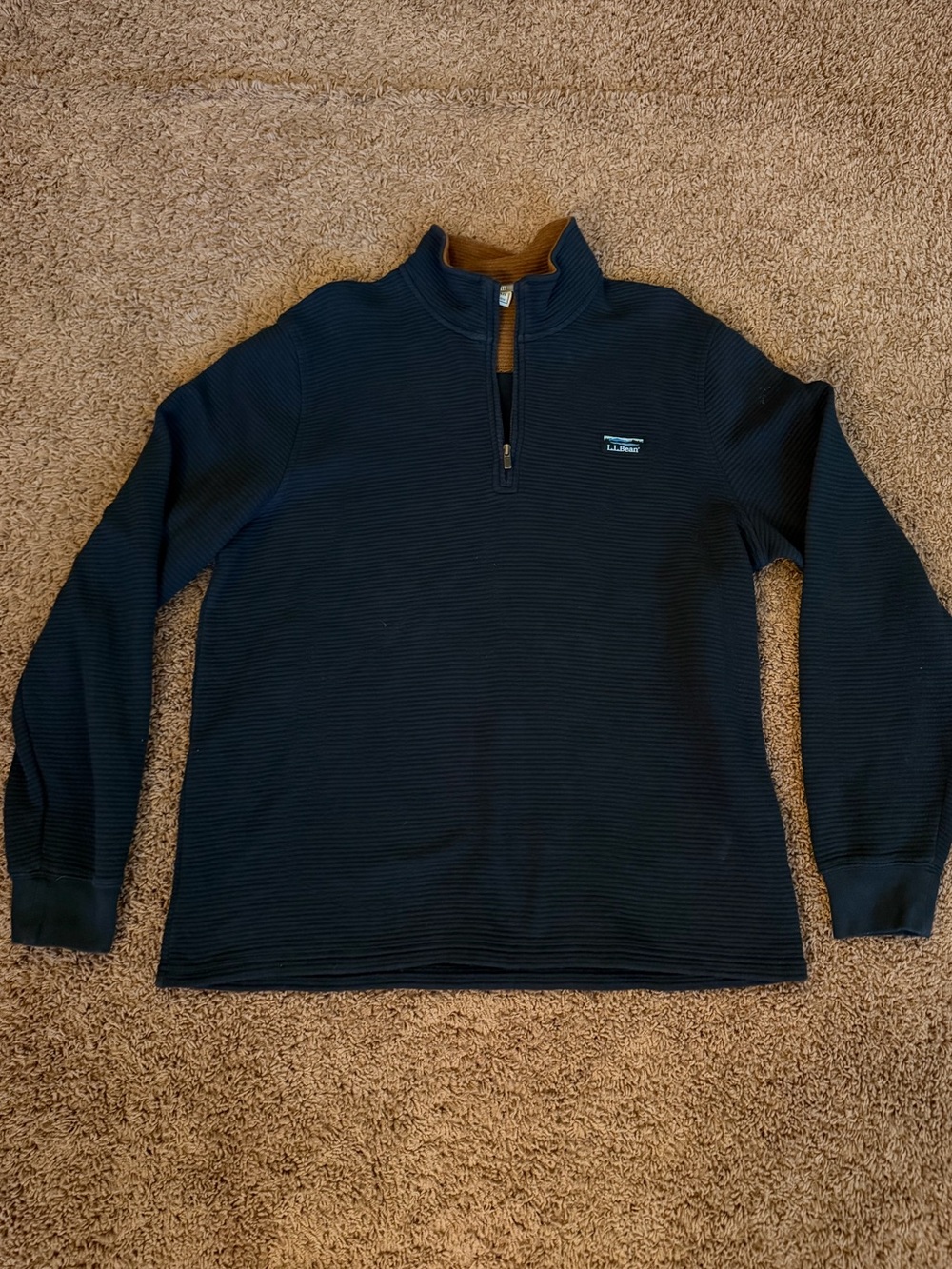 VTG L.L. Bean Navy Quarter-Zip Sweater with Tan Collar Accent